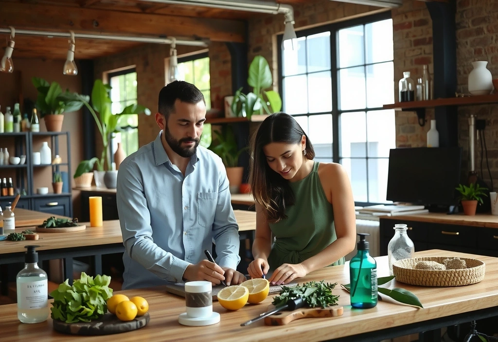 Founders collaborating in a natural light-filled workshop with botanical ingredients.