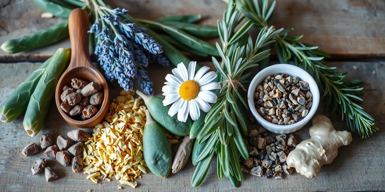 A close-up of various natural herbs and ingredients, neatly arranged on a wooden table, symbolizing ingredient spotlight.