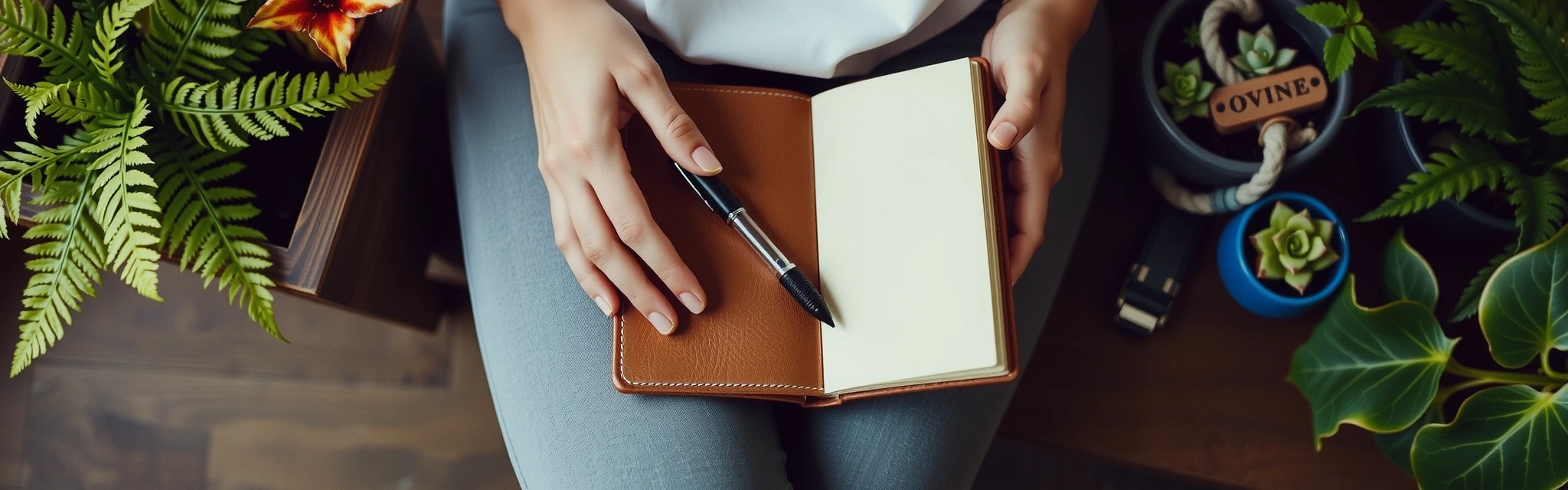 A serene scene of a person writing in a journal amidst lush green botanical elements, symbolizing peace and reflection.