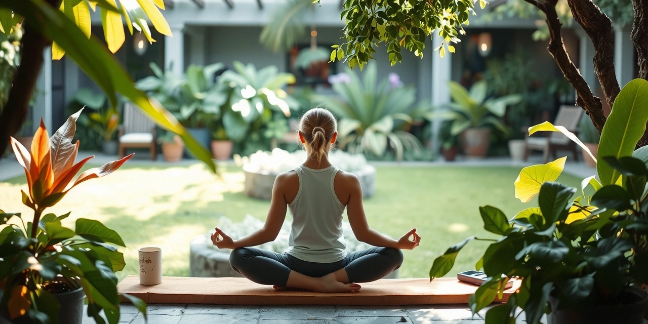 A person meditating in a peaceful garden, surrounded by botanical elements, symbolizing holistic wellness.
