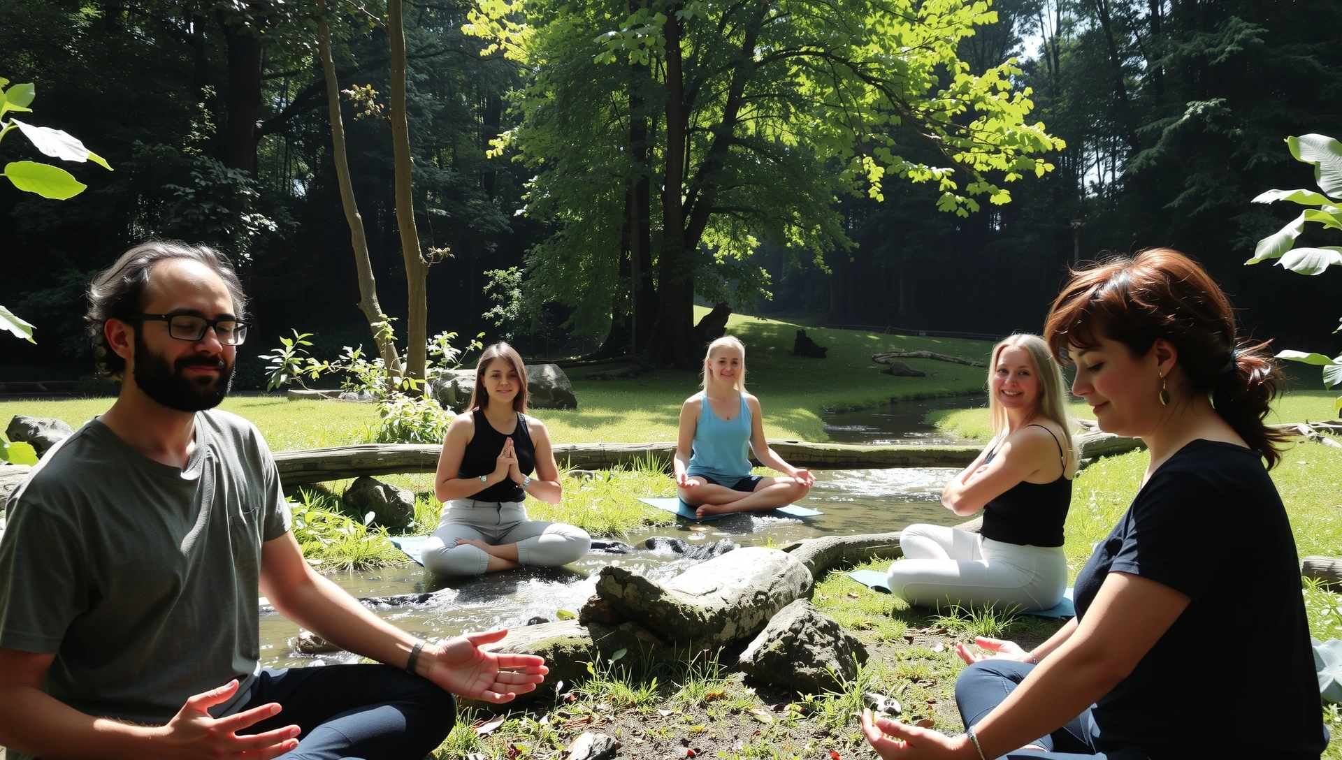 Serene natural landscape with happy, serene people enjoying the outdoors