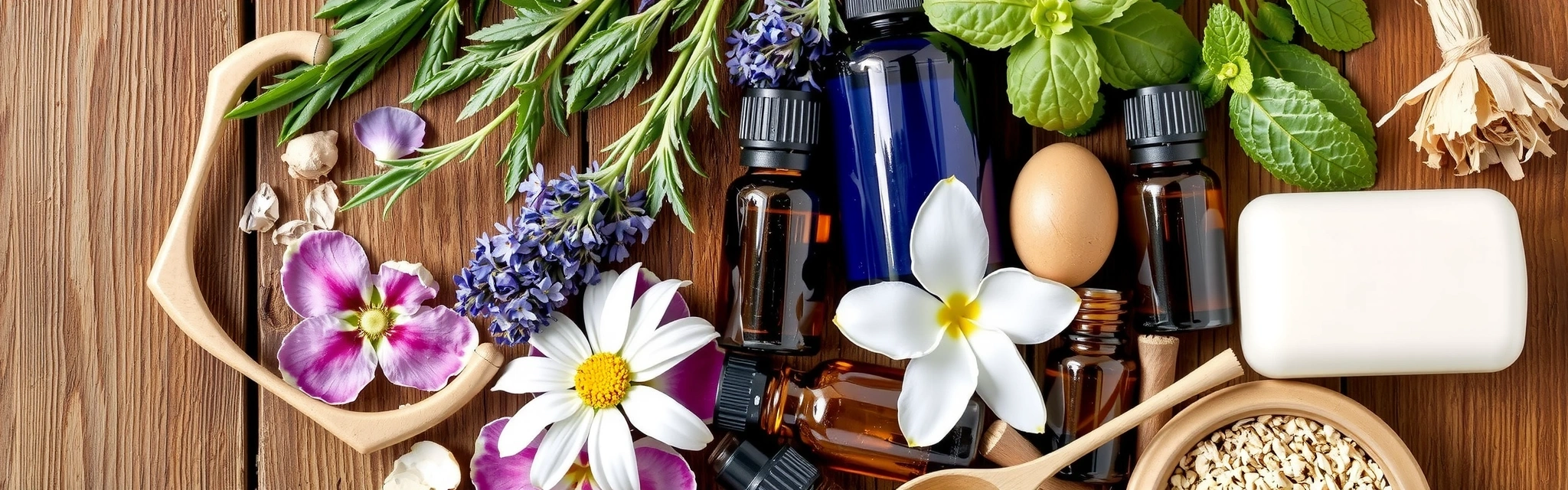 Artistic arrangement of various natural ingredients like herbs, oils, and flowers